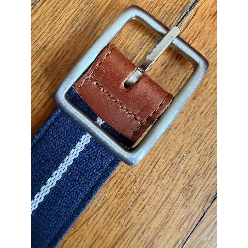 Reversible Blue Striped Cotton Italian Leather Belt Womens sz 30 (runs small)